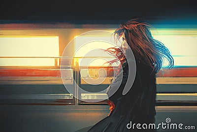 Beautiful woman standing against colorful lights,digital painting Stock Photo