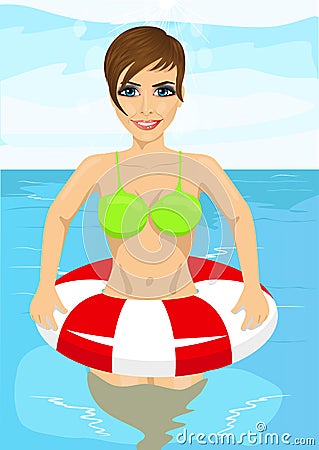 Beautiful woman standing in water with inflatable rubber ring Vector Illustration