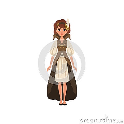 Beautiful woman in steampunk costume. Young girl in chemise dress with sleeves, long vest and headband with feather and Vector Illustration