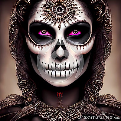 Beautiful woman with sugar skull face decorated for halloween Cartoon Illustration