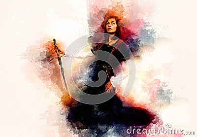 Beautiful woman with sword in a historical clothing and Softly blurred watercolor background. Stock Photo