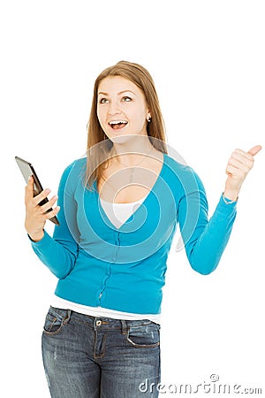 Beautiful woman with tablet shows thumb up Stock Photo