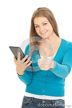 Beautiful woman with tablet shows thumb up Stock Photo