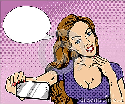 Beautiful woman taking selfie with her smartphone. Vector illustration in retro comic pop art style. Vector Illustration