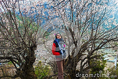 Beautiful Woman Traveler Backpacker Mountains.Young Girl Posing Smiling Take Rest North Summer Landscape Background Stock Photo