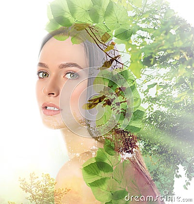 Beautiful woman and trees on background. Double exposure Stock Photo