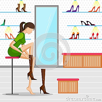 Beautiful woman trying shoe Cartoon Illustration