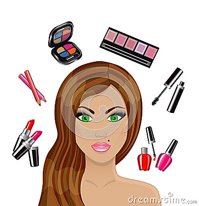 Beautiful woman and various cosmetics Stock Photo