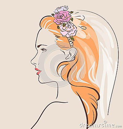 Beautiful woman in veil with a stylish hair do. Vector Illustration