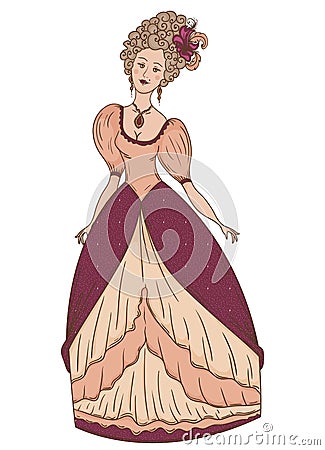 Beautiful woman in vintage dress and hairstyle n Baroque style. Vector Illustration