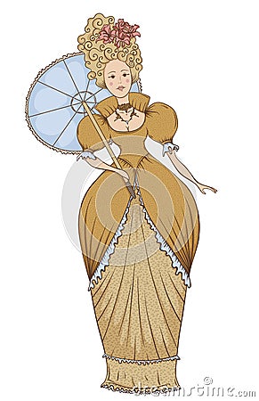 Beautiful woman in vintage dress with umbrella in Baroque style. Vector Illustration