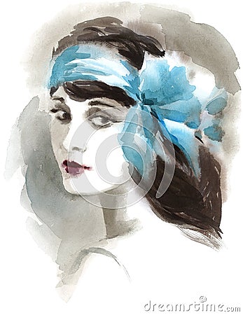 Beautiful Woman Vintage Twenties Style Watercolor Hand Painted Fashion Illustration Stock Photo