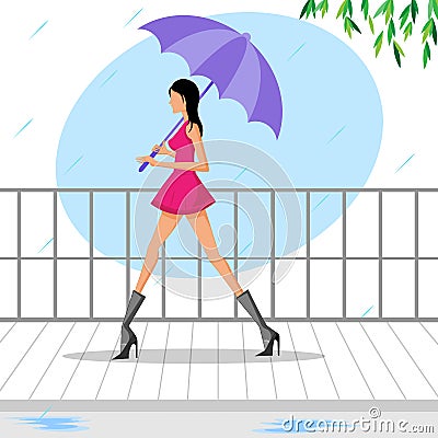 Beautiful woman walking with umbrella in rain Cartoon Illustration