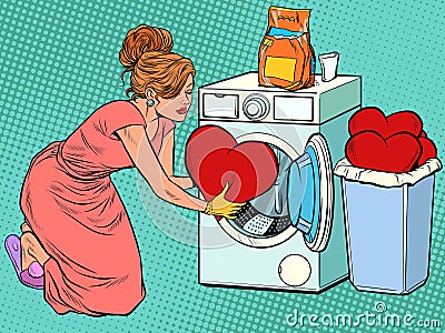 Beautiful woman washes a red heart. Valentines day Vector Illustration