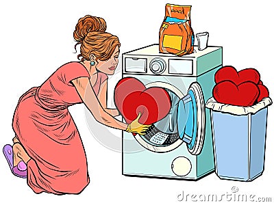 Beautiful woman washes a red heart. Valentines day Vector Illustration