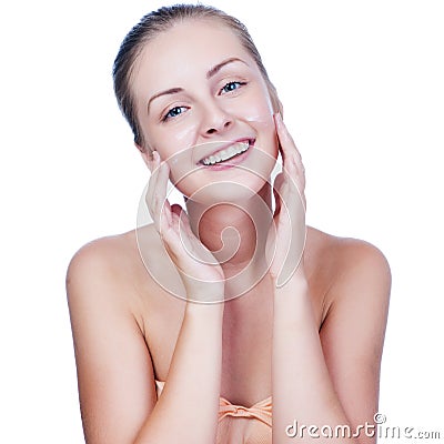 Beautiful woman washing her face Stock Photo