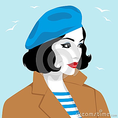 Beautiful woman wearing coat and beret Vector Illustration