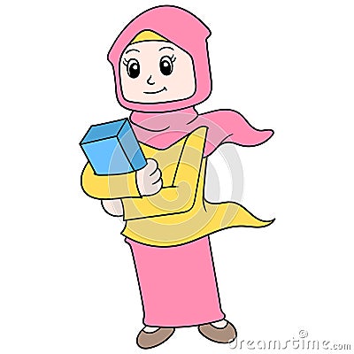 A beautiful woman wearing a hijab carrying a holy book goes to the mosque. doodle icon image kawaii Vector Illustration