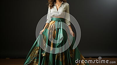 Stunning Maxi Skirt: Green And Gold Top With Luxurious Fabrics Stock Photo