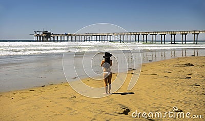 Beautiful Woman White Bikini San Diego Beach UCSD Scripps Pier Editorial Stock Photo