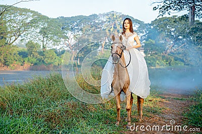 Beautiful woman with white dress stay on brown horse on riding through the road way with background of fog or smoke during early Stock Photo