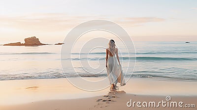 Beautiful woman in white dress walking on the beach at sunset. Light background in soft neutral tones. Generative AI Stock Photo