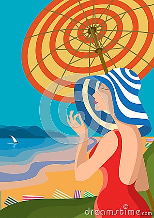 Beautiful woman in a wide-brimmed hat on a tropical beach. The lake shore, the mountains. Holiday on the French Riviera, Liguria. Vector Illustration