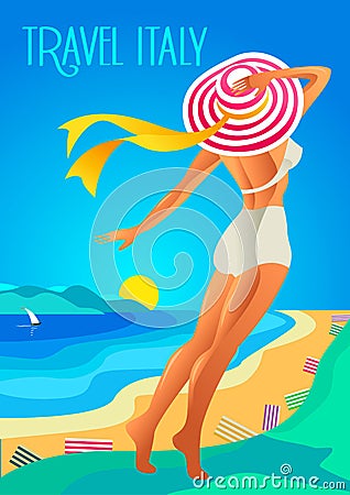 Beautiful woman in a wide-brimmed hat on a tropical beach. The lake shore, the mountains. Holiday on the French Riviera, Liguria Vector Illustration