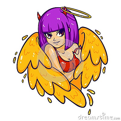 Beautiful woman with wings, horns and nimbus. Angel and demon, good and evil. Attractive succubus in a tank top. Colorful modern Vector Illustration