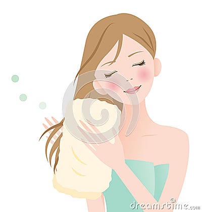 Young woman drying her long hair with towel. isolated white background Vector Illustration