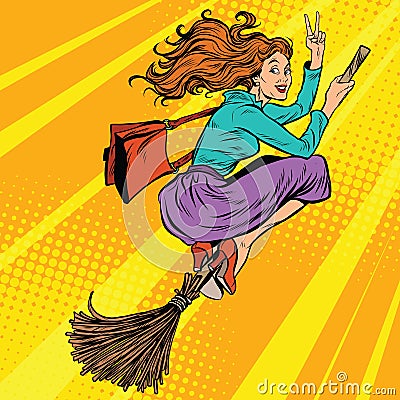 Beautiful woman witch flying on a broom Vector Illustration