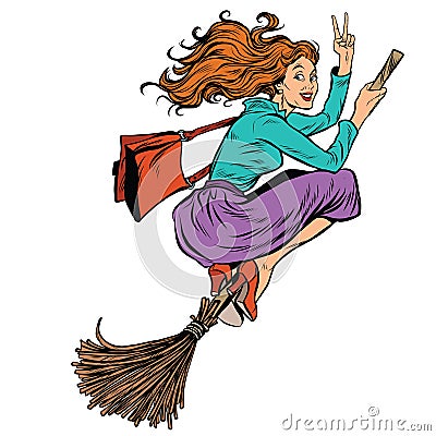 Beautiful woman witch flying on a broom Vector Illustration