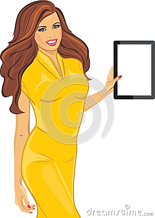 Beautiful woman in a yellow dress is holding an ipad Vector Illustration