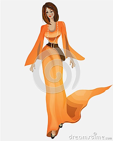 Beautiful woman in yellow long dress Vector Illustration