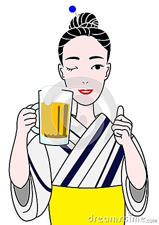 Beautiful woman in yukata with a beer mug Vector Illustration