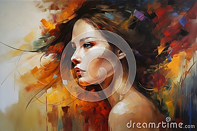 beautiful women artwork .Fragment Oil portrait painting in multicolored tones.Conceptual closeup of an oil painting and palette Stock Photo