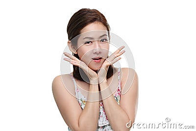 Beautiful women asian happy smiling and surprise with good healthy of skin your face isolated Stock Photo