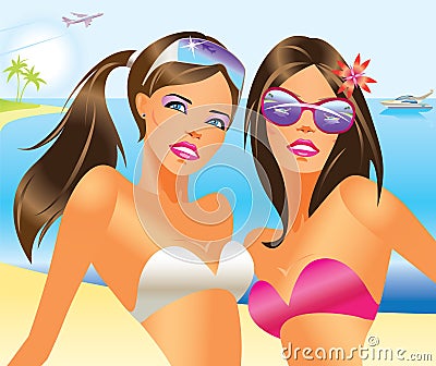 Beautiful women with bathing suit on the beach Vector Illustration