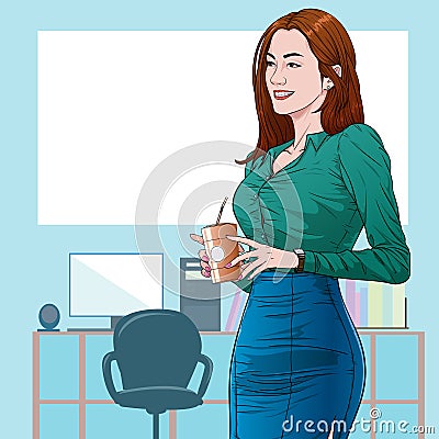 Office women workers holding a cup of coffee in the morning Illustration vector On pop art comic style Board Office background Vector Illustration
