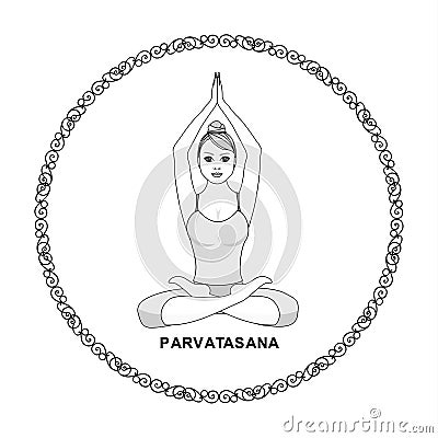 Beautiful women does yoga, ornamental circle, curls Vector Illustration