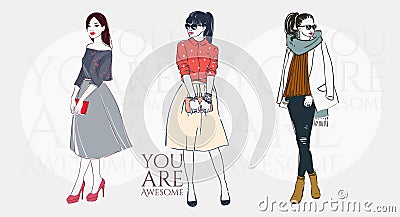 Beautiful women in a fashion retro clothes in glasses with bag. Vector hand drawn illustration. Vector Illustration