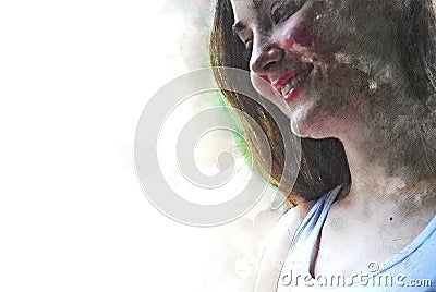 Beautiful women happy smile on watercolor painting background. Stock Photo