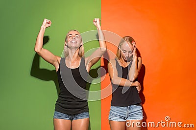 Beautiful women looking happy and unhappy Stock Photo