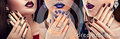 Beautiful woman with perfect make-up and blue manicure wearing jewellery. Beauty and fashion concept Stock Photo