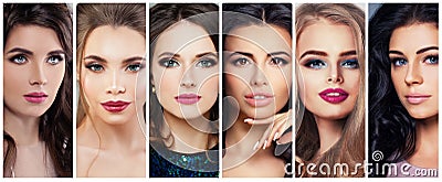 Beautiful Women with Perfect Makeup. Beauty Collage, Cute Faces Stock Photo