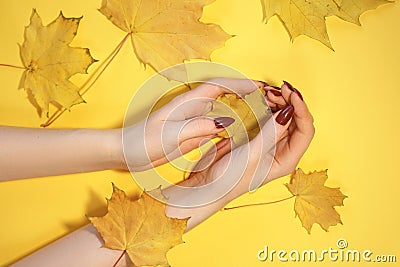 Beautiful women`s hands on paper yellow background, autumn hand care concept Stock Photo