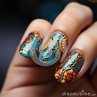 Beautiful women's nail models with colorful nail polish and beautiful flower patterns have a glamorous impression Stock Photo