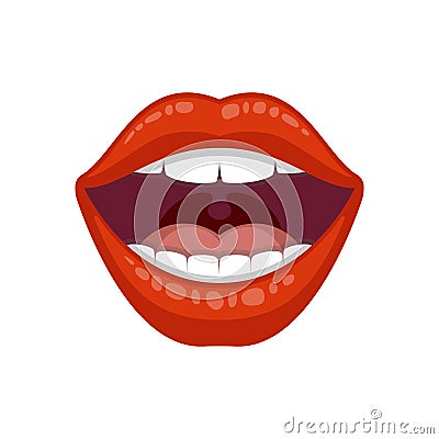 Beautiful women lip, great design for any purposes. Female lip with red lipstick. Open mouth with teeth. Vector Illustration