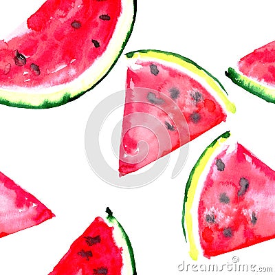 Beautiful wonderful bright colorful delicious tasty yummy ripe juicy cute lovely red summer fresh dessert slices of watermelon pa Cartoon Illustration