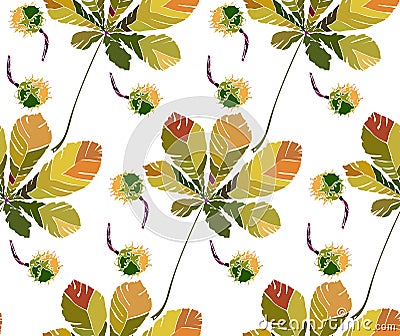 Beautiful wonderful graphic bright floral herbal autumn green chestnut leaves and chestnuts pattern vector illustration Vector Illustration